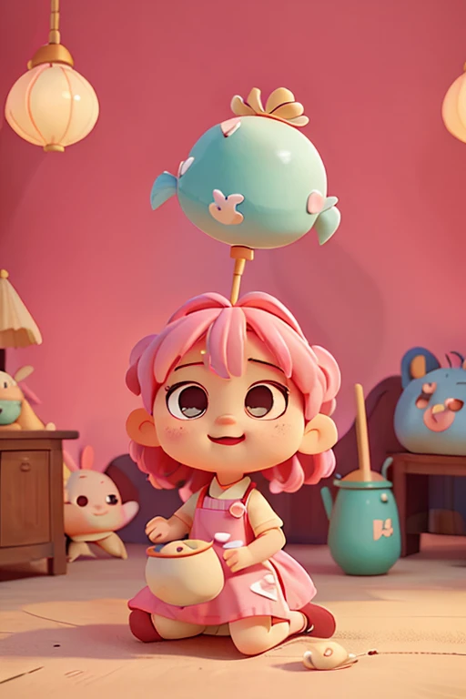 Little girl, lying on the ground with one hand supporting her face, cute, Guangdong morning tea, shrimp dumplings, shrimp, wearing an apron, holding a shovel in her hand, light pink hair, IP, blind box, laughing happily, proportional to a three headed body