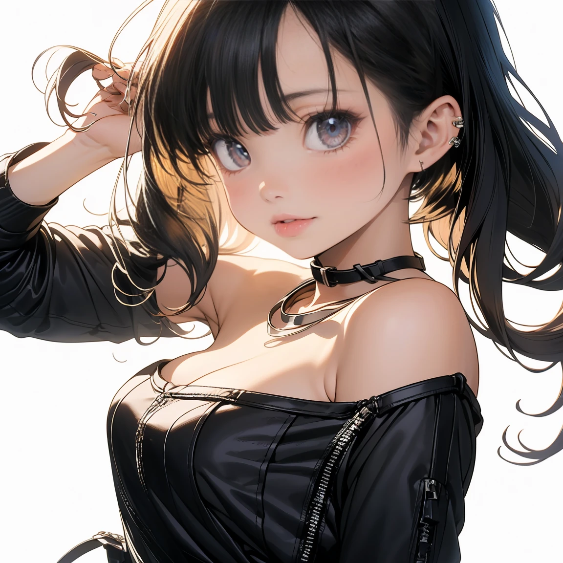 top-quality、Top image quality、masterpiece、 girl((White shirt、Long black trousers、18year old、 Ager、Best Bust、big bast,Black eyes, blue hairs、A slender,Large valleys、red lipstick makeup、Cute earrings、銀の腕時計、Bring your chest together、Sit up、Eyeshadow that colors your eyes with a fascinating pose)),hiquality、Beautiful Art、Background with((white walls、Photography Studio))masterpiece、depth of fields,Camera Film Style