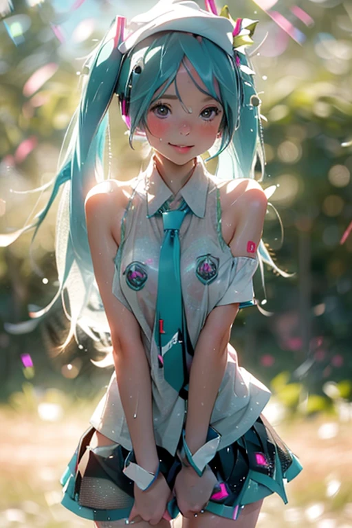 ((Perfect Anatomy)), (Pulling up very short miniskirt by yourself: 1.3), ((Big tites: 1.4)), Showing pussy, tearful eyes, embarrassed, (Sperm overflowing from pussy: 1.5), Blushing woman, ((Girl A string coming out of the anus, with a bell attached to the tip)), ((excellent)), ((masterpiece)), adult cute woman, beautiful face, realistic body, realistic eyes, see-through, white knee highs, panty shot,, Wet G-string, legs spread, under-boobs, (glossy and bold skin, sweating: 1.4), ((((bokeh of other characters: 1.5)))),, ((bokeh: 1.5) ), slender, (brown hair), (Hatsune Miku:1.5), (Racing Miku),