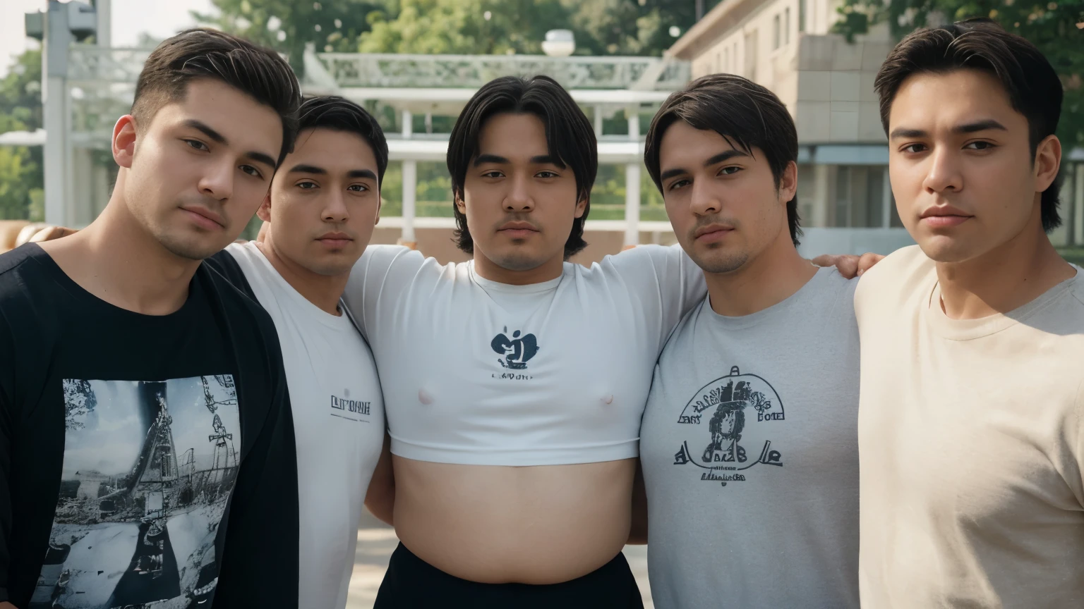 (extra detailed body、extra detailed face、best qualtiy:1.2)、male、(((man's)))、(((Three man side by side))), (((plump)))、(((clasp one's arms behind one's head))),looking at the viewers、(t-shirt)、(park in the background),From the stomach up、leaning to the right、(((clasp one's arms behind one's head))), (((chubby 70kg))), (((stretch)))