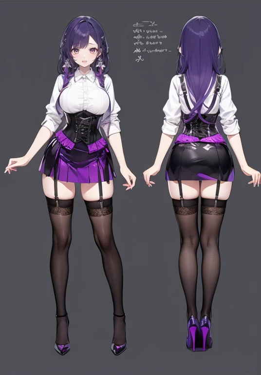 Purple hair,long hair,Adult female,(Bartender),((Body harness)),((Rolling up your sleeves shirt)),(Corset),(Tight skirt),((Garter belt)),(high heels),((Simple background)),Smile,((Full body)),((whole body)),Character Sheet,
