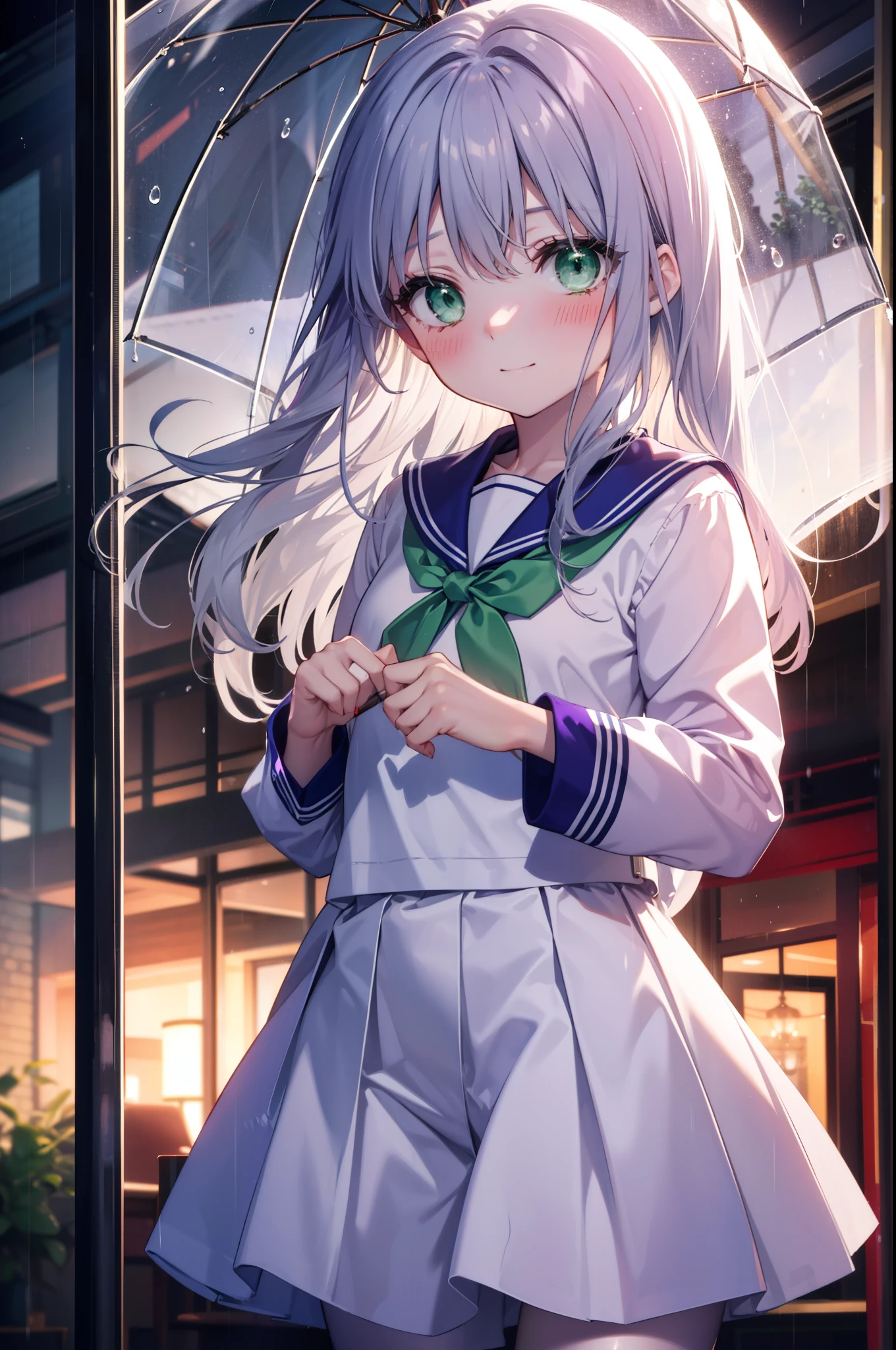 index, index, (Green Eyes:1.5), Silver Hair, Long Hair, (Flat Chest:1.2),smile,blush,Embarrassing,Upper Eyes, uniform(Purple sailor suit),Purple pleated skirt,White pantyhose,Brown Loafers,rain,cloudy,She has a transparent umbrella,屋根が建物でrain宿り,rain宿り,evening,cloudy空,
break looking at viewer, Upper Body, whole body,(Cowboy Shot:1. 5)
break otdoors,In town,Building district,
break (masterpiece:1.2), highest quality, High resolution, unity 8k wallpaper, (figure:0.8), (Beautiful fine details:1.6), Highly detailed face, Perfect lighting, Highly detailed CG, (Perfect hands, Perfect Anatomy),