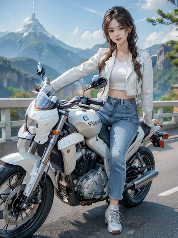(Realistic:1.5), (Realistic:1.4), 8k, Ultra-high-definition Japanese beauty 1 person, Exquisite body detailing, (highest quality: 1.0), (Super sharp cutting edge: 1.0), (Thinning hair:1.4),（Beautiful and delicate depiction of eyes）,((((Riding on motorcycle)))),Unreal Engine:1.4,photoRealistic:1.4, Skin Texture:1.4, masterpiece:1.8,highest quality at best, ((Full Body Shot))、(((White leather jacket))、((Tight-fitting long denim pants and high-top sneakers)))、Long limbs、smile、((Braided hair)),A scenic mountain path in the background