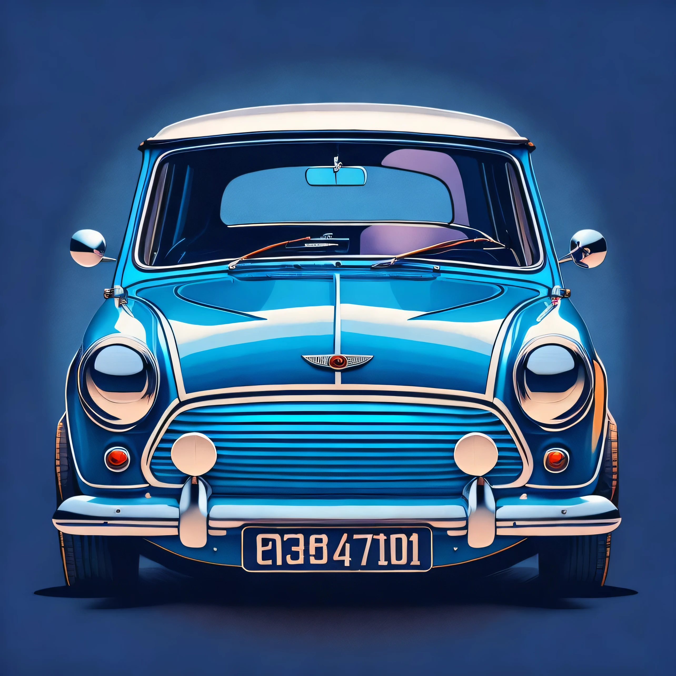 Artwork for t-shirt graphic design, a classic graphic design, classic 1966 Mini Cooper S , street, bold blue colour, background in vintage pastel tone, highly detailed clean, vector image, realistic masterpiece, professional photography, realistic car, car sunrise background, flat black background, isometric, vibrant vector