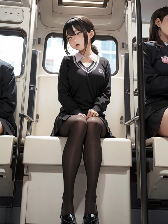 sleepy, head turned down, mouth open, eyes white, heels, school outfit, rolling eyes