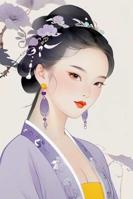 (Chinese traditional minimalism:1.3), Close-up portrait, Left view, Chinese bewitching girl, Charming smile, Solitary,1 Girl,Super beautiful ,elegant, Purple color scheme, White background, hair, hair accessories, earrings,, Huge sexy breasts,Showing cleavage， Sexy big ass, Mature female, Sculptural figure, Sexy body,, Curvy body