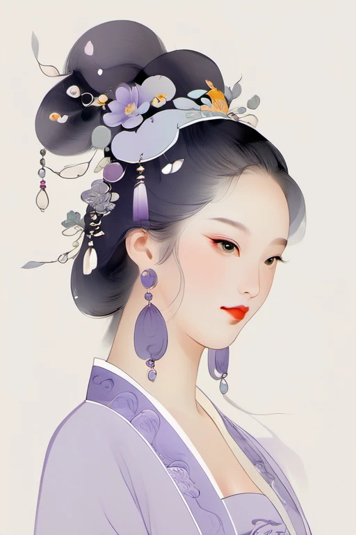 (Chinese traditional minimalism:1.3), Close-up portrait, Left view, Chinese bewitching girl, Charming smile, Solitary,1 Girl,Super beautiful ,elegant, Purple color scheme, White background, hair, hair accessories, earrings,, Huge sexy breasts,Showing cleavage， Sexy big ass, Mature female, Sculptural figure, Sexy body,, Curvy body