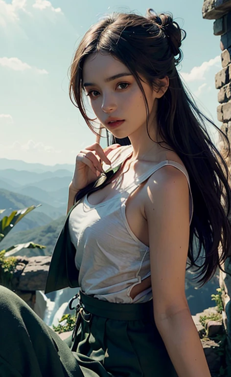 A highly realistic AI model, personified as a young woman with Asian features, relaxing on a secluded beach,lee so jin