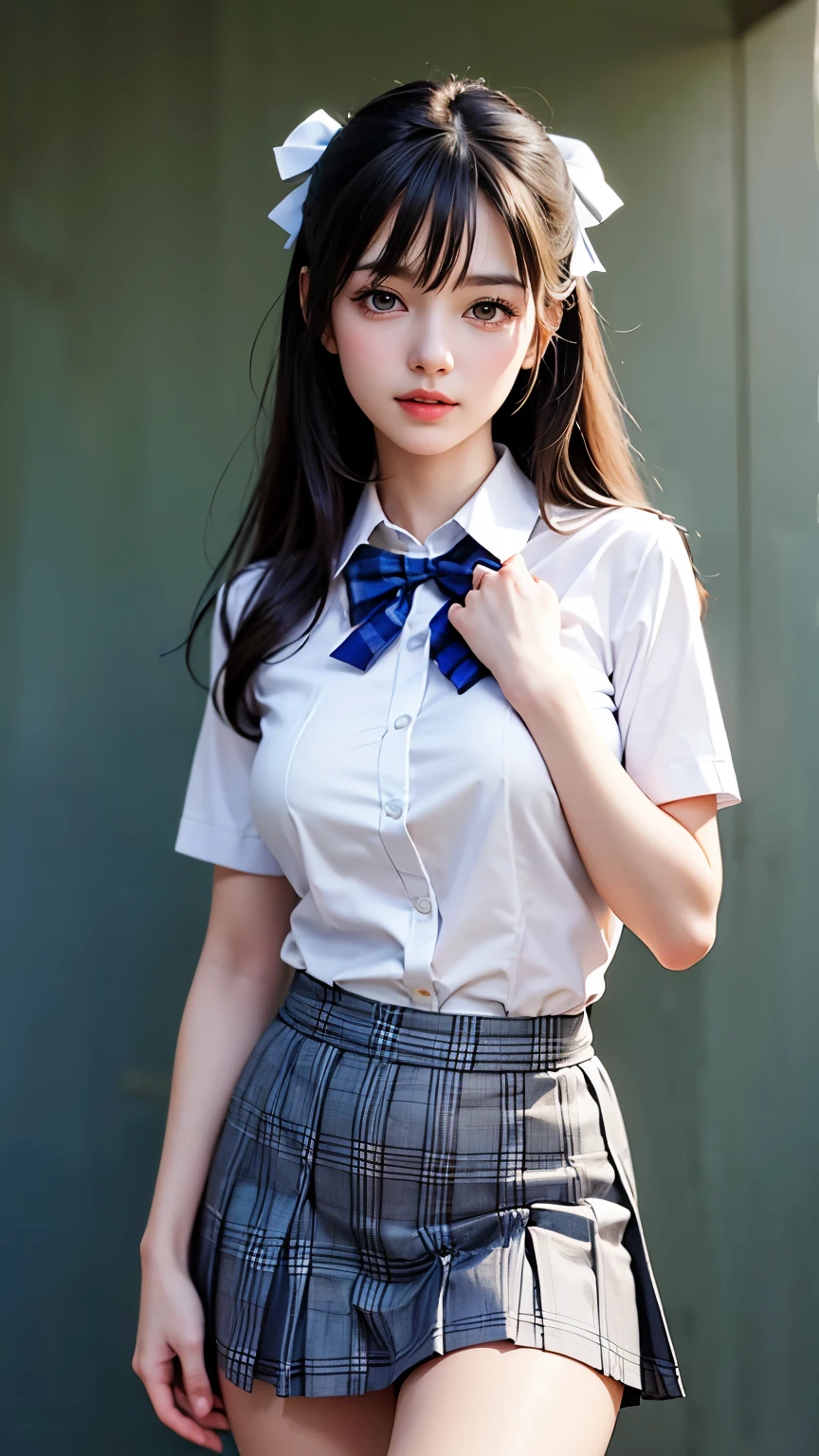 (masterpiece:1.2, highest quality), (Realistic, photoRealistic:1.4), Beautiful illustrations, 
View your viewers, whole body, Front view:0.6, 
1 girl, Japanese, high School girl, (Long Hair:1.5), Hair fluttering, (Half Up, Half Updo), bangs, Hair between the eyes, Big Breasts:0.8, 
Beautiful Hair, Beautiful Face, Beautiful Eyes, Beautiful clavicle, Beautiful body, Beautiful breasts, Beautiful thighs, Beautiful feet, Beautiful fingers, 
(Beautiful views), , School,
((Collared short-sleeved shirt, White shirt, , Grey plaid pleated skirt, Blue checked bow tie)), White panties, 
(Are standing, , Please lift your skirt, Grab the hem of your skirt, Place your hand on your chest, Place your hands between your legs), 
blush, 