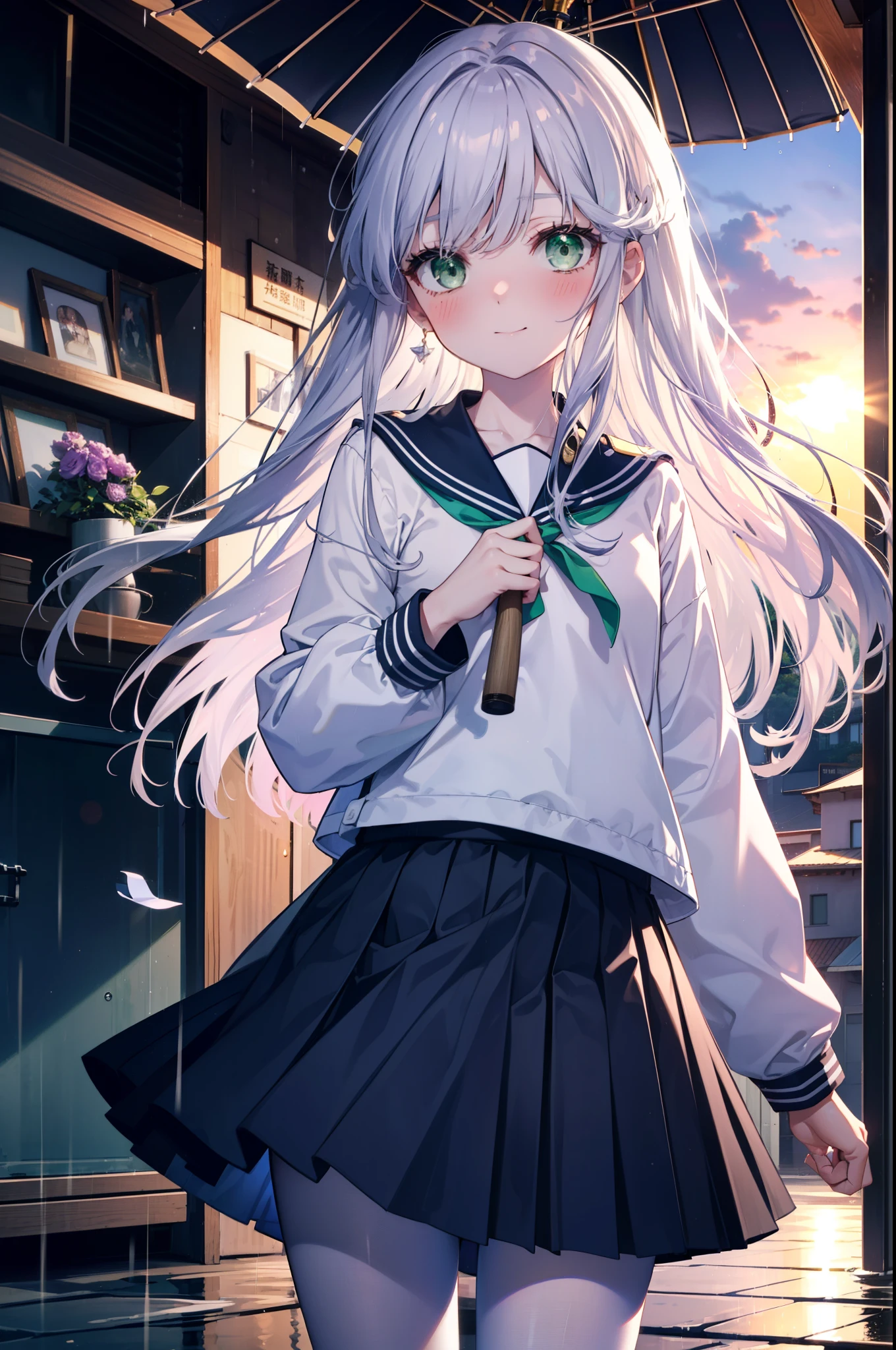 index, index, (Green Eyes:1.5), Silver Hair, Long Hair, (Flat Chest:1.2),smile,blush,Embarrassing,Upper Eyes, uniform(Purple sailor suit),Purple pleated skirt,White pantyhose,Brown Loafers,rain,cloudy,She has a transparent umbrella,屋根が建物でrain宿り,rain宿り,Puddle,evening,cloudy空,
break looking at viewer, Upper Body, whole body,(Cowboy Shot:1. 5)
break otdoors,In town,Building district,
break (masterpiece:1.2), highest quality, High resolution, unity 8k wallpaper, (figure:0.8), (Beautiful fine details:1.6), Highly detailed face, Perfect lighting, Highly detailed CG, (Perfect hands, Perfect Anatomy),