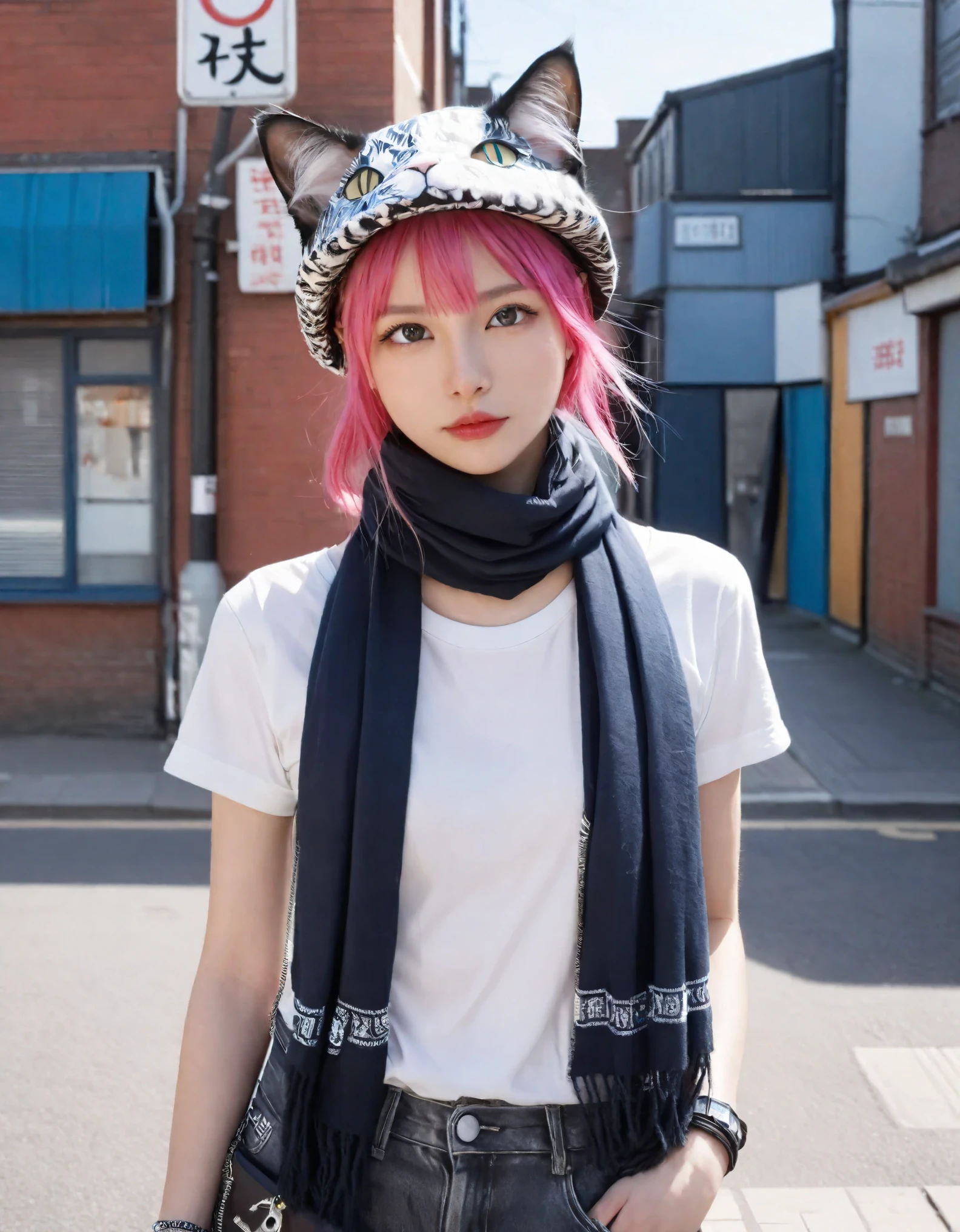 A hyper-realistic rendering of a cat girl, adorned with a trendy hat and scarf, exudes the style of a British gang member with West Slavic characteristics. The scene is set in a Punk outfits-inspired Street style environment, reminiscent of a fashionable Cat Planet. The cat strikes a threatening posture, embodying the essence of an urban samurai. The detailed costume and the overall aesthetic pay homage to the Trendy Art Station, with a playful meow adding a whimsical touch to the scene. The word “Alpha” is subtly integrated into the design, adding a mysterious and commanding element to the composition.