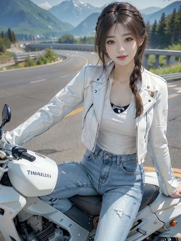 (Realistic:1.5), (Realistic:1.4), 8k, Ultra-high-definition Japanese beauty 1 person, Exquisite body detailing, (highest quality: 1.0), (Super sharp cutting edge: 1.0), (Thinning hair:1.4),（Beautiful and delicate depiction of eyes）,((((Riding on motorcycle)))),Unreal Engine:1.4,photoRealistic:1.4, Skin Texture:1.4, masterpiece:1.8,highest quality at best, ((Full Body Shot))、(((White leather jacket))、((Tight-fitting long denim pants and short brown leather boots)))、Long limbs、smile、((Braided hair)),A scenic mountain path in the background