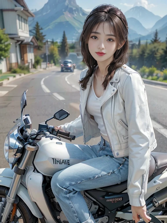 (Realistic:1.5), (Realistic:1.4), 8k, Ultra-high-definition Japanese beauty 1 person, Exquisite body detailing, (highest quality: 1.0), (Super sharp cutting edge: 1.0), (Thinning hair:1.4),(Beautiful and delicate depiction of eyes),((((Riding on motorcycle)))),Unreal Engine:1.4,photoRealistic:1.4, Skin Texture:1.4, masterpiece:1.8,highest quality at best, ((Full Body Shot))、(((White leather jacket))、((Tight-fitting long denim pants and short brown leather boots)))、Long limbs、smile、((Braided hair)),A scenic mountain path in the background
