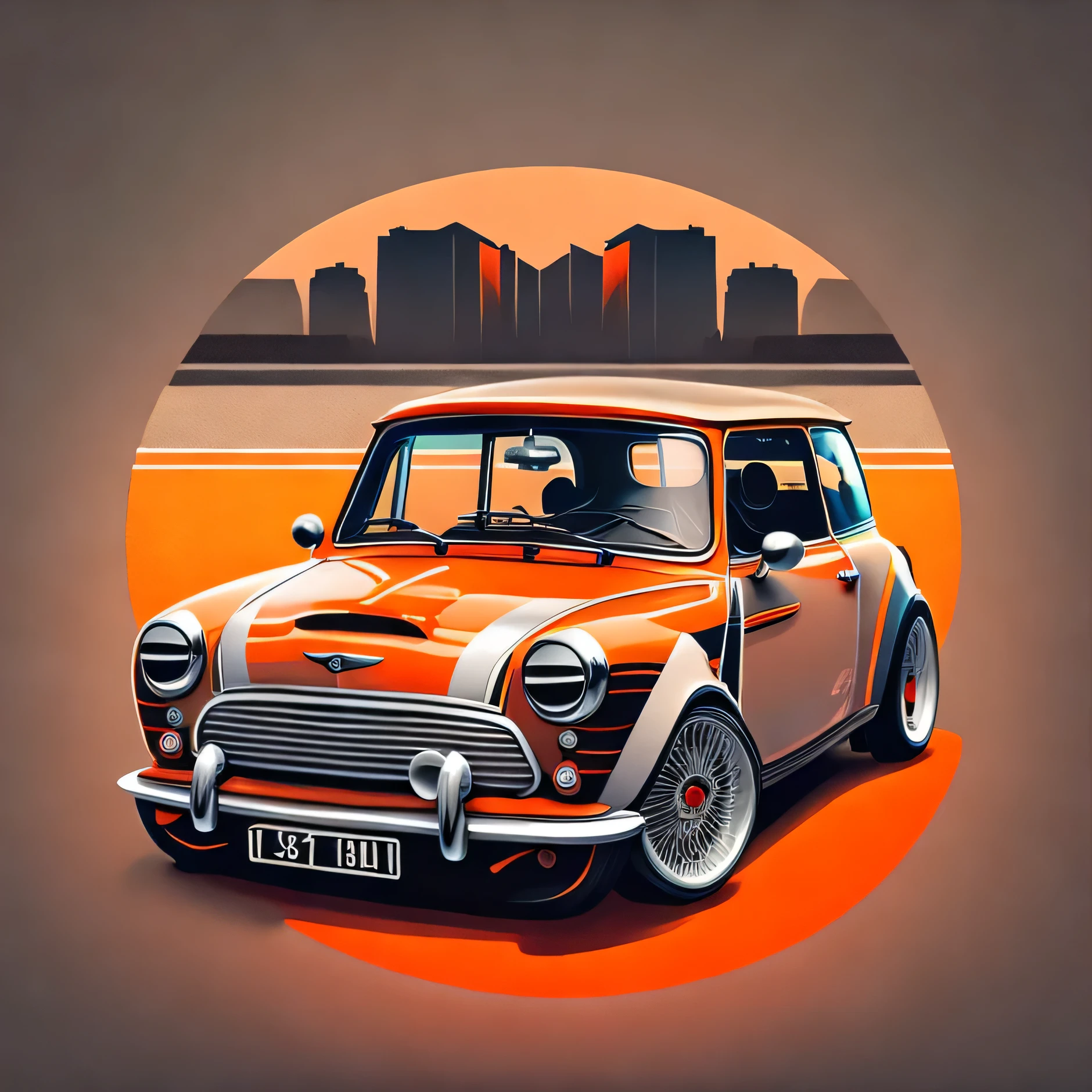 Artwork for t-shirt graphic design, a modern graphic design, classic Mini Cooper S , street, bold orange colour, background in vintage pastel tone, highly detailed clean, vector image, realistic masterpiece, professional photography, realistic car, car sunrise background, flat black background, isometric, vibrant vector