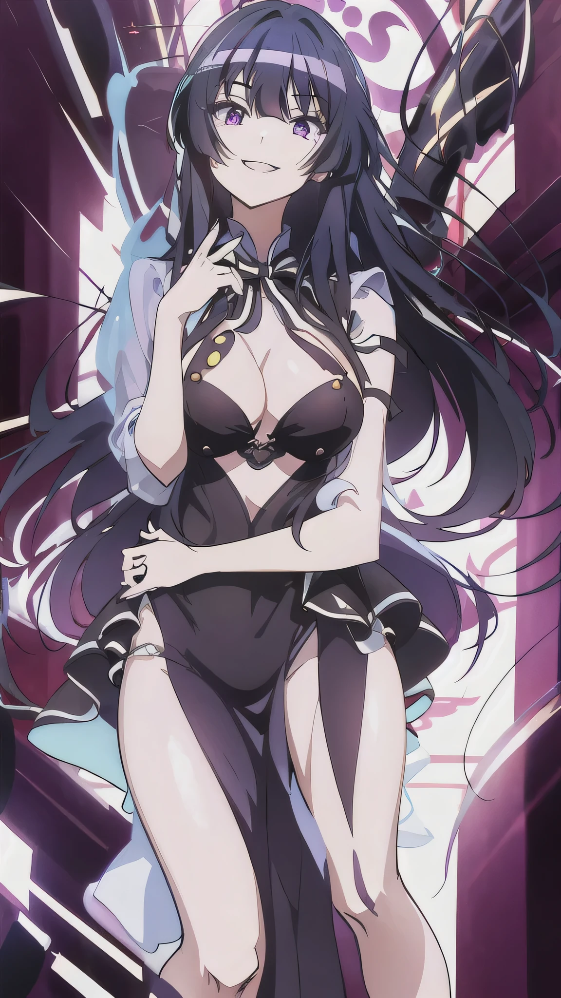 best quality,8k,1girl,solo,pov,smile,perfect body,fullbody,long hair,shiny hair,black hair,purple eyes,large breast,dynamic pose,night city background