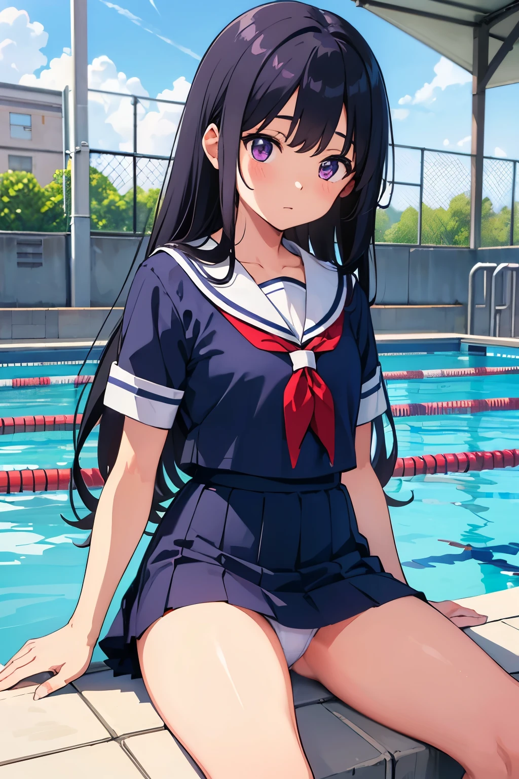 School swimming pool Elementary school girl, Flat chest, black hair, long hair, purple eyes White upper body, short-sleeved sailor uniform Navy blue mini skirt and white panties ((I can see her panties)) barefoot School swimming pool Standing by the pool Dynamic angle Low angle