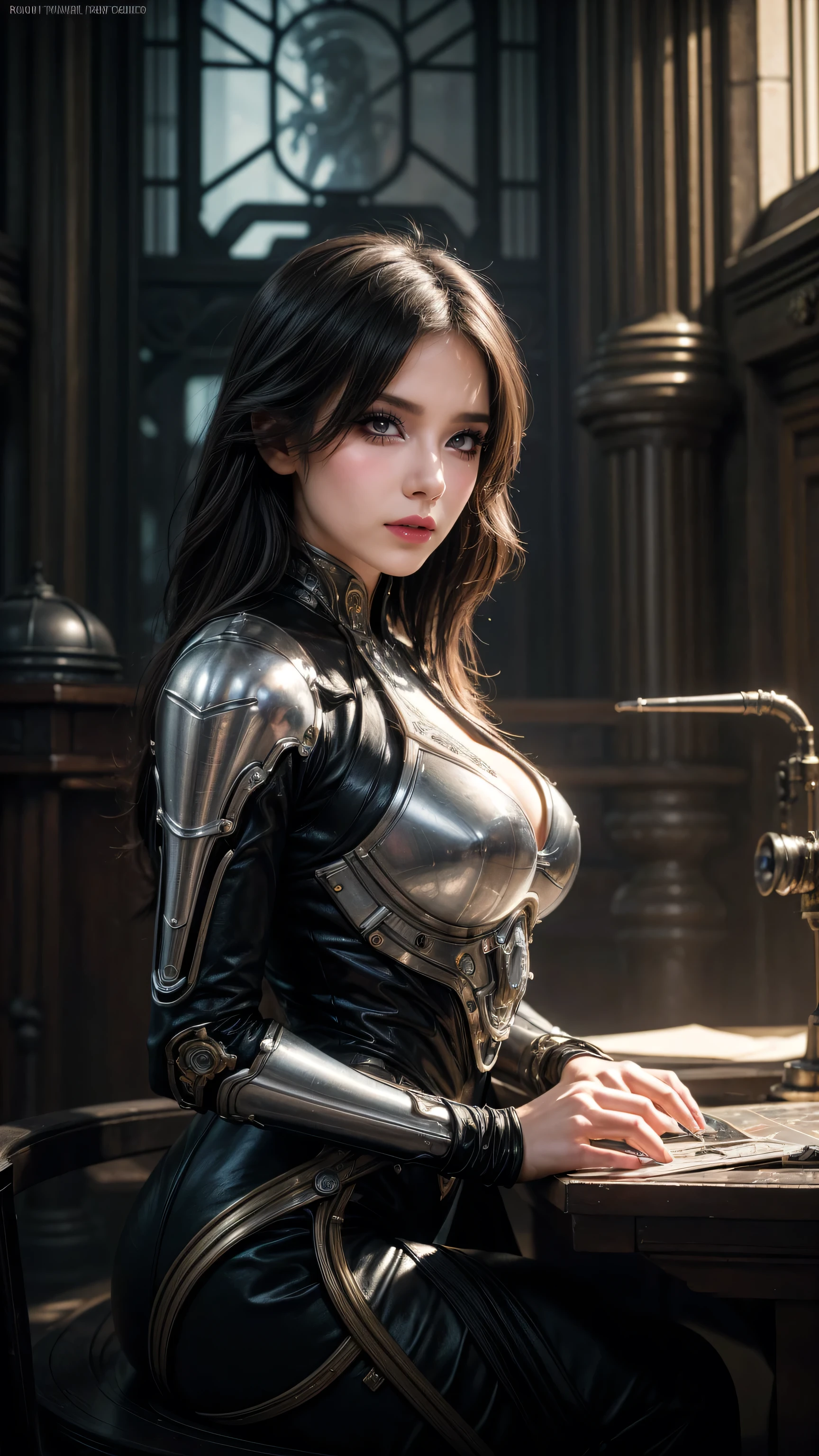 woman face, woman, A strong young engineer with mechanical enhancements, Wheels within wheels, elegant, Very detailed, number, Art Station, concept art, Smooth, Clear focus, illustration, Art work:Hr Giger、Greg Rutkowski 和 Alphonse Mucha, Beautiful dramatic lighting