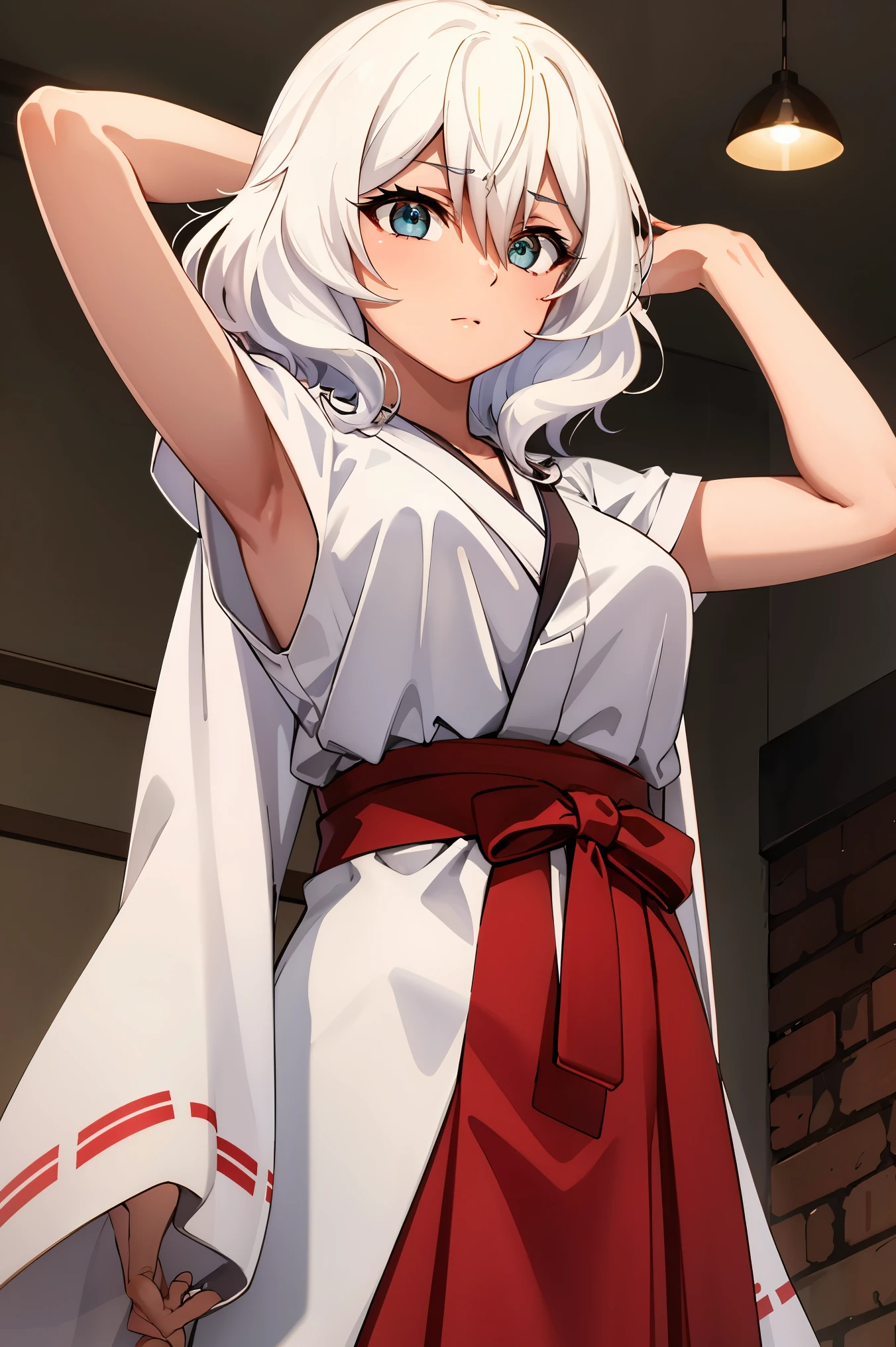 deep skin,textured skin, Altria Grem,
BREAK (white kimono,red hakama,wide sleeves:1,2)
BREAK (from below:1.2),armpits,arm up,
BREAK (masterpiece:1.2), best quality, high resolution, unity 8k wallpaper, (illustration:0.8), (beautiful detailed eyes:1.6), extremely detailed face, perfect lighting, extremely detailed CG, (perfect hands, perfect anatomy),