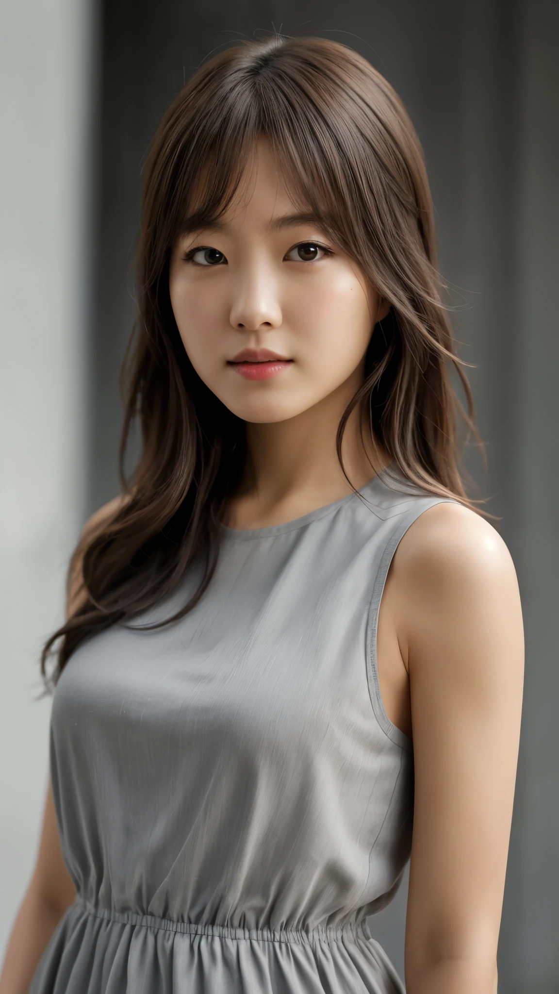 masterpiece, best quality, ultra-detailed, ultra high res, (photorealistic:1.4), raw photo, (realistic:0.2), 8k HDR, 1girl, solo, (looking at viewer), realistic lighting, asymmetrical hair, (detailed skin), (detailed face), (simple gray background :1.1), (upper body:1.5), simple dress, sleeveless,