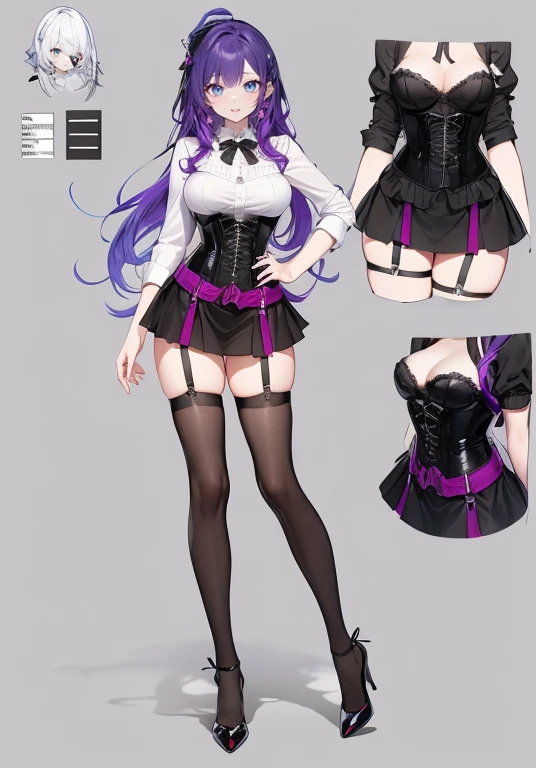 Purple hair,long hair,Adult female,(Bartender),((Body harness)),((Rolling up your sleeves shirt)),(Corset),(Tight skirt),((Garter belt)),(high heels),((Simple background)),Smile,((Full body)),((whole body)),Character Sheet,
