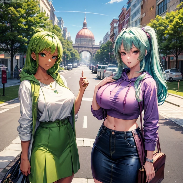 (American Planner),(Masterpiece), (High quality anime illustrations), (Highly detailed and complex), only one girl, Beautiful 26 year old girl with green hair knots, Slim build, Anime style , Lilac eyes, Encouraging, huge breasts with a good shape, Focus on the neckline: Very low cut, short hoodies crop top look, skirt, thighs, natural lighting, high contrast