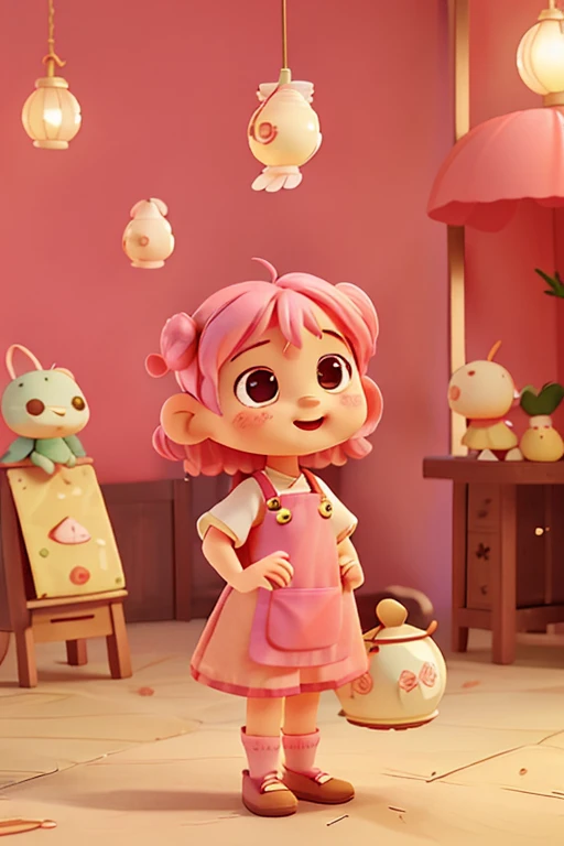 Little girl, cute, Guangdong morning tea, shrimp dumplings, shrimp, wearing an apron, holding a shovel in hand, light pink hair, versatile standing posture, IP, blind box, laughing happily, with a three head body ratio, front, back, side view