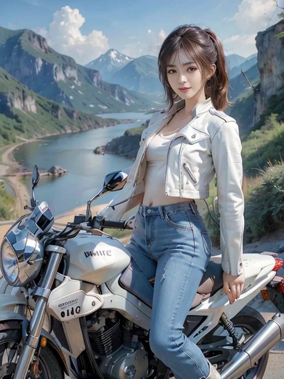 (Realistic:1.5), (Realistic:1.4), 8k, Ultra-high-definition Japanese beauty 1 person, Exquisite body detailing, (highest quality: 1.0), (Super sharp cutting edge: 1.0), (Thinning hair:1.4),(Beautiful and delicate depiction of eyes),((((Riding on motorcycle)))),Unreal Engine:1.4,photoRealistic:1.4, Skin Texture:1.4, masterpiece:1.8,highest quality at best, ((Full Body Shot))、(((White leather jacket))、((Tight-fitting long denim pants and short brown leather boots)))、Pink twin tails, Long limbs、smile, A scenic mountain path in the background