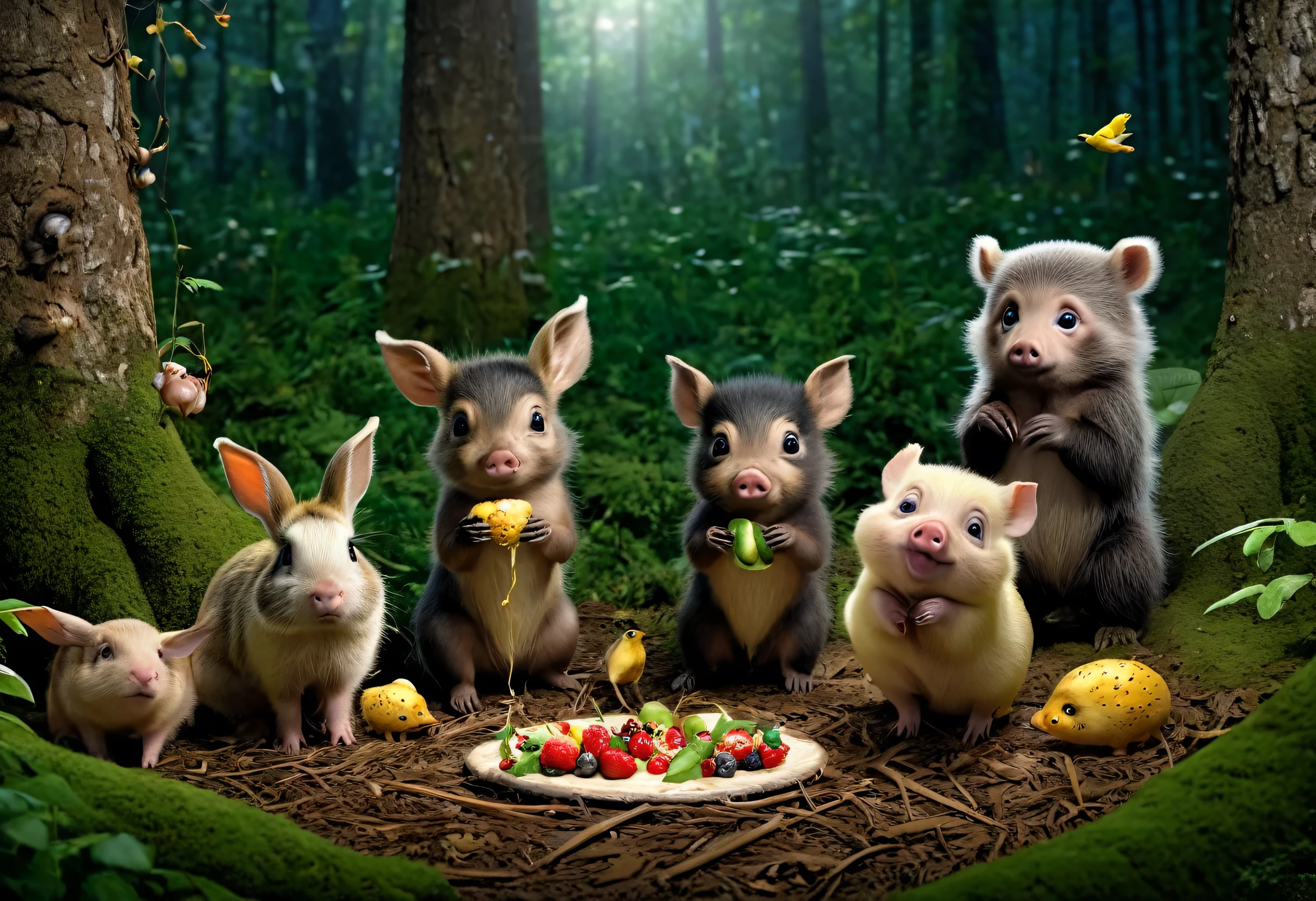 A picture of a group of animals in the evening forest, Fantastic realism, woodland, Living things, Cute baby animals eating。Eating something。Fairytale animals, Full of fauna, Beautifully detailed animals, very cute, Cute Living Things, In the evening forest, Whimsical Forest, Living things, Cute eyes, Big eyes, Bright fauna, 
owl、pig（Sale）、Bear、rabbit、monkey、Birds, etc.１０More than one baby animal。