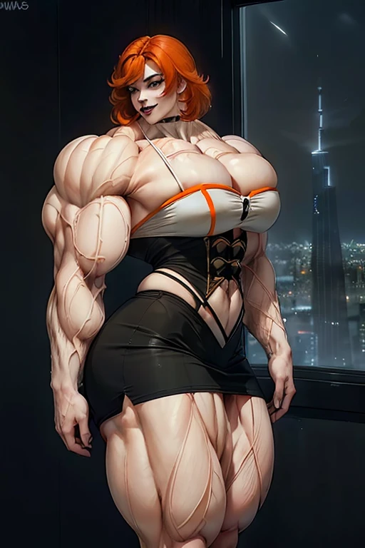 ((((Massive tall, beautiful, buff, pale white skinned, muscular woman with orange hair, black lipstick, ginormous bulky muscles and wearing a orange two piece business suit with jacket and black skirt)))), close view, vascular, massive muscles, massive biceps, hyper muscle shoulders, vascular shoulders, hyper muscle triceps, (shaggy long hair), green eyes, high heel shoes, smile, ((in the sears tower)), evening, Vascular arms, hyper vascular arm, hyper muscles arms, hyper muscle legs, massive buff arms.