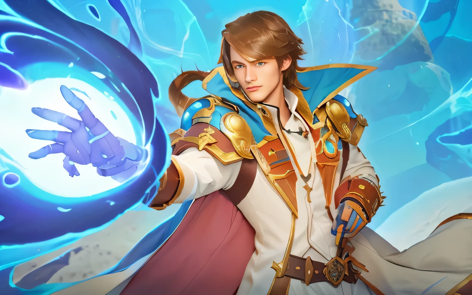Realistic a man holding a ball with a hand, mobile legends character, Xavier from mobile legends, picture of a male cleric, style of duelyst, granblue fantasy, desert fighter ancient mage, skinny male fantasy alchemist, arcane art style, skinny male mage, With blue eyes