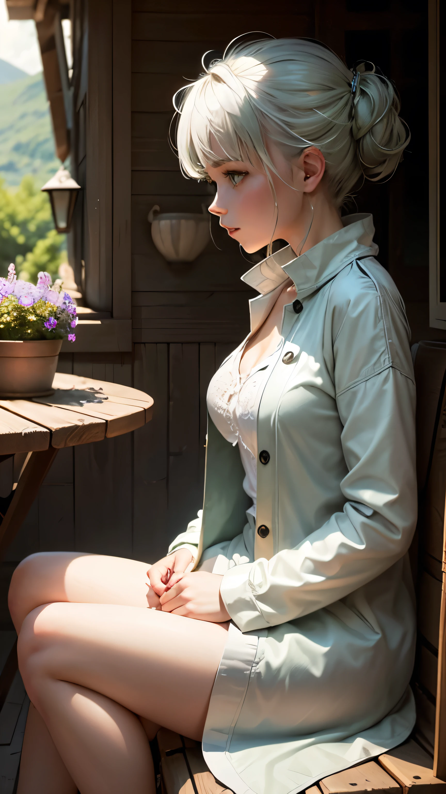masterpiece, highest quality,Very detailed,Hyper Details, cinematic Light,, One girl, alone, sit, Outdoor, Summer House, sitting in the Summer House, plant, table, chandelier, Candles, Wind, Green Eyes, Pan Green Silver Hair, short hair, Floating Hair, Light, Light frown, profile,View your viewers, dynamic_angle,The see-through happi coat is unbuttoned