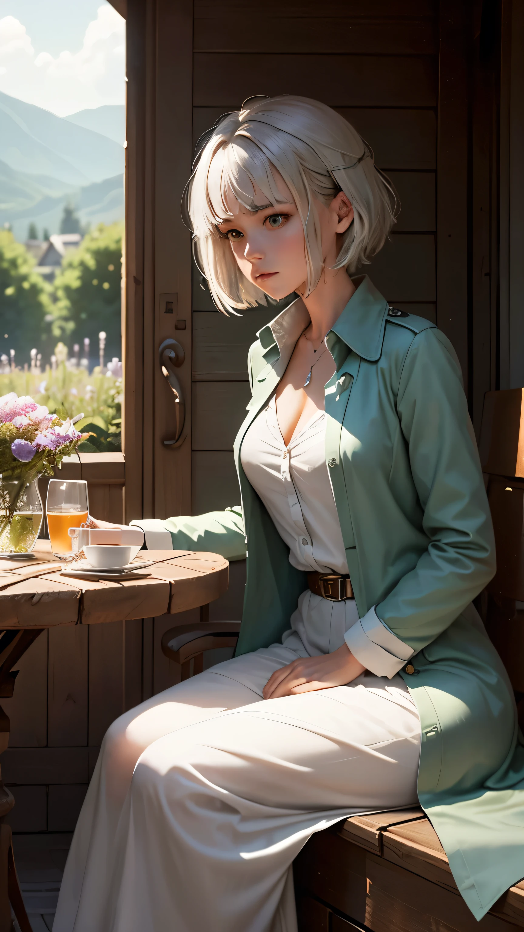 masterpiece, highest quality,Very detailed,Hyper Details, cinematic Light,, One girl, alone, sit, Outdoor, Summer House, sitting in the Summer House,  plant, table, chandelier, Candles, Wind, Green Eyes, Pan Green Silver Hair, short hair, Floating Hair, Light, Light frown, profile,View your viewers, dynamic_angle,The see-through happi coat is unbuttoned