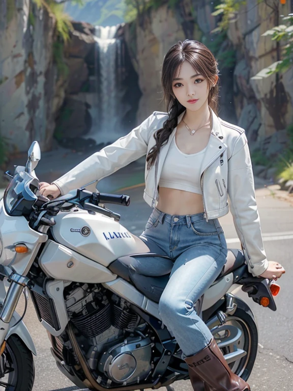 (Realistic:1.5), (Realistic:1.4), 8k, Ultra-high-definition Japanese beauty 1 person, Exquisite body detailing, (highest quality: 1.0), (Super sharp cutting edge: 1.0), (Thinning hair:1.4),(Beautiful and delicate depiction of eyes),((((Riding on motorcycle)))),Unreal Engine:1.4,photoRealistic:1.4, Skin Texture:1.4, masterpiece:1.8,highest quality at best, ((Full Body Shot))、(((White leather jacket))、((Tight-fitting long denim pants and short brown leather boots)))、Braided hair, Long limbs、smile, A scenic mountain path in the background