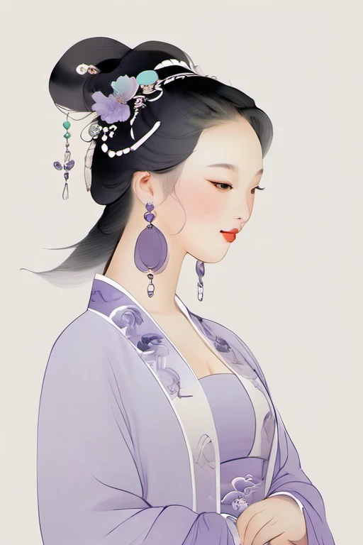 (Chinese traditional minimalism:1.3), Close-up portrait, Left view, Chinese bewitching girl, Charming smile, Solitary,1 Girl,Super beautiful ,elegant, Purple color scheme, White background, hair, hair accessories, earrings,, Huge sexy breasts,Showing cleavage， Sexy big ass, Mature female, Sculptural figure, Sexy body,, Curvy body