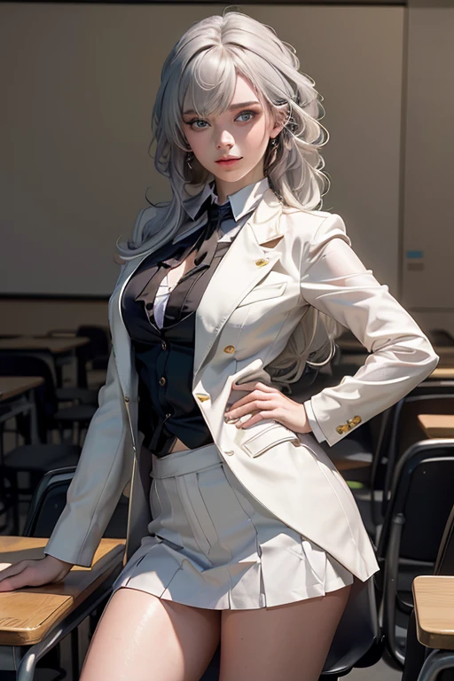 realistic,( photo-realistic), ultra hires, (masterpiece, top quality, best quality, official art, beautiful and aesthetic, raw photo:1.4),(high detailed skin:1.2), ultra realistic, 8k, 1girl, kafka, green eyes, white hair, round glasses, narrow waist, dynamic angle, grey blazer, ribbon, socks, high school uniform: 1.2), high school classroom