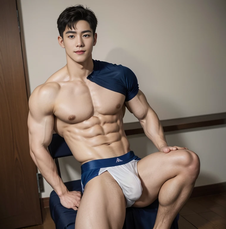 2 handsome chinese guy cuddling, manly，super realistic, tall, 20 years old，strong sport body, sexy , detailed muscles, Who is Shi Yu?, Li Yuanbin, Kim Hyung Tae, Kim Hyung Tae,,Kim Hyung Tae, Yin Shishan,  man wearing no shirt and white boxers, naked chest, big chest abs, navy blue, navy blue, Sport, blue, super tiny sportswear, loincloth, Gorgeous dark blue clothes,, short sleeves, red brocade dark blue clothes, skiny wear, Wearing white transparent underwear, big bulge, nice bulge shape,big juicy butts,  bare butts, naked butts, open legs, Dark blue decorative clothing，male，male，Highest resolution，Muscles look good，hairy body，Wheat complexion，blue eyes（thin eyes 1：3），whole body image, class room background, full  detailed background, beautyfull clear light, look at the viewer , catching eyes, smirt smile, 