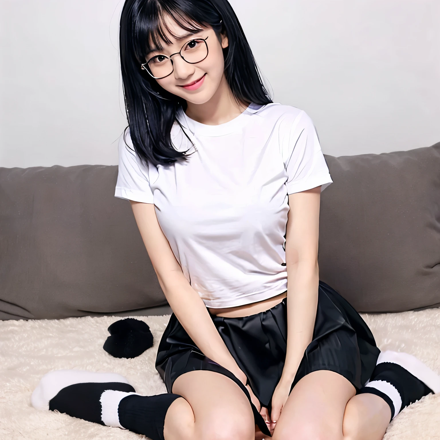Masterpiece, best quality, 1 girl, 18yo, young girl, , yaju senior, sitting in chair, long hair, reality, bangs, big breasts, t-shirt, black silk holes