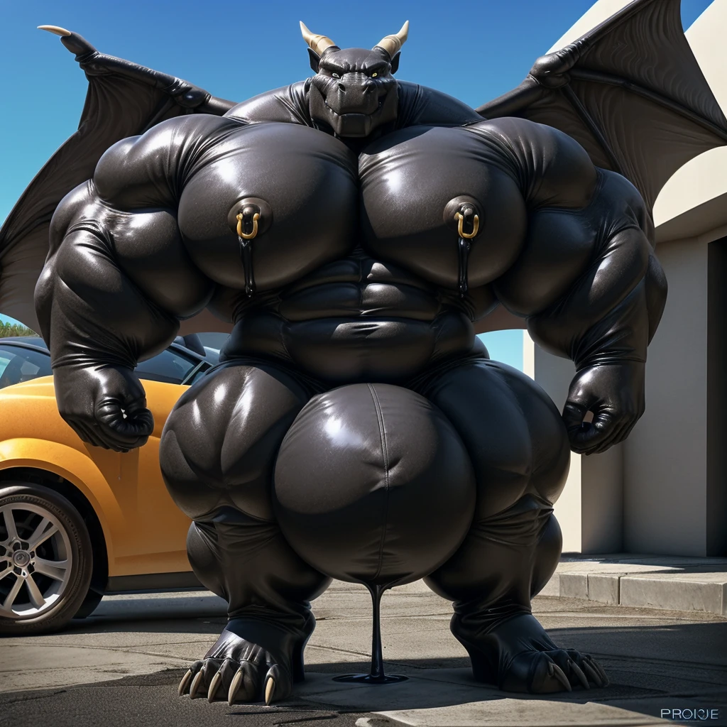 solo, male, , , , (hyper pecs:1), （long thick thighs:1.2）, standing, indoor,，(，,(,solo,very hyper muscles:1.1)((Huge bulge:1.))）（corruption)), black glowing liquid，,Unreal Engine,perfect light，detailed, photorealistic, 4k, hd, , , , good anatomy, , (), , high quality, best quality, concept art, photorealistic, octane rende((nipple rings:1)City，High-rise。Sky，car，dragon，goo transformation（((latex))）,grassland,Sky,flower,water