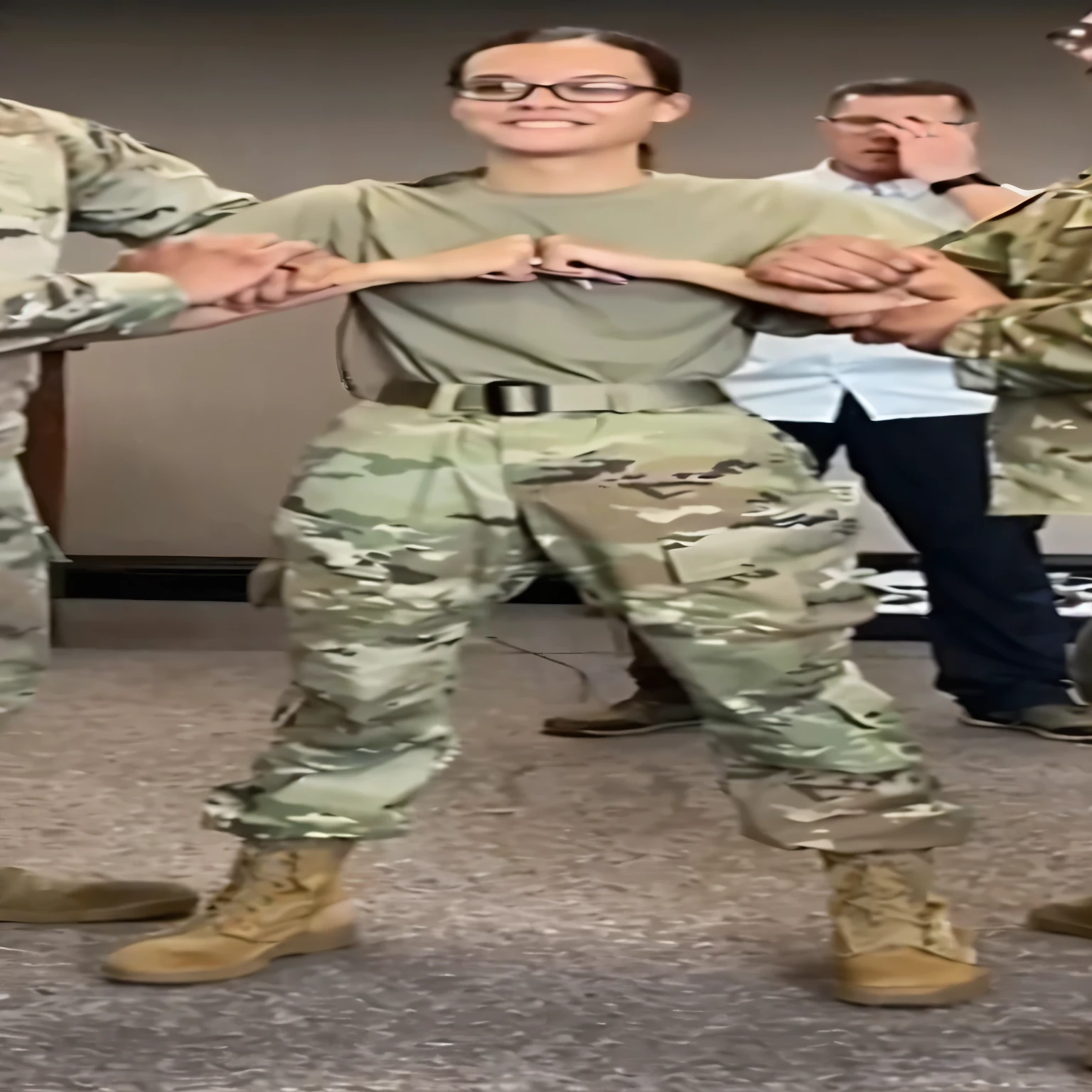 Soldiers holding hands standing in the room, Multi-Camera uniform, Multi-Camera, military uniform, 撕毁野战Camouflage, Multi-Camera camo, wearing a military uniform, Wear only pants, Camouflage, Wearing military shoes, Military Pants, military armor clothes, soldier outfit, wearing military uniform, military uniform, full soldier outfit, Wearing overalls