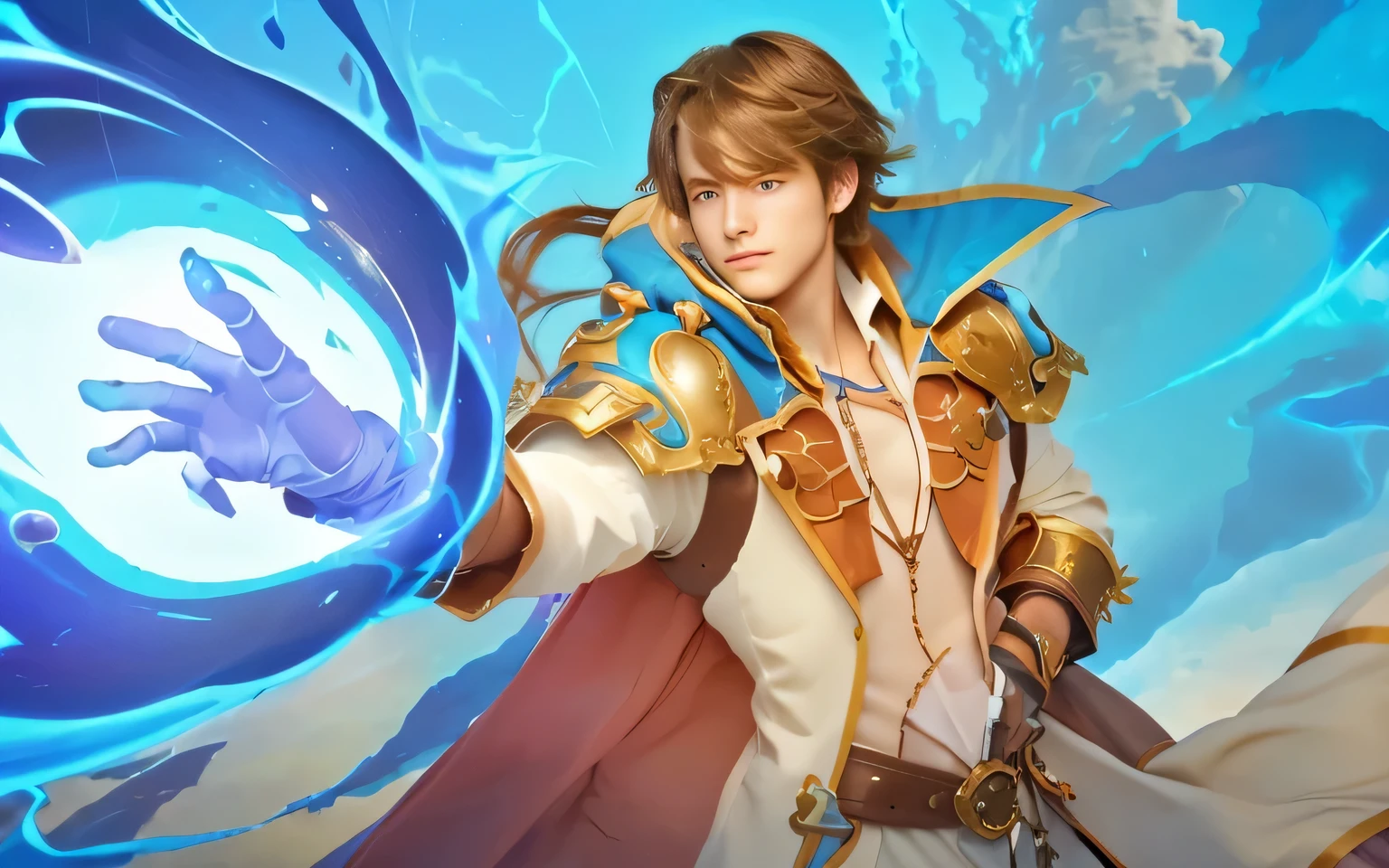 a close up of a person holding a ball with a hand, granblue fantasy, inspired in kris from deltarrune, with blue eyes