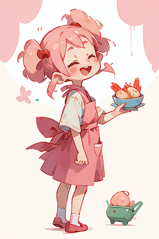, cute, Guangdong morning tea, shrimp dumplings, shrimp, wearing apron, light pink hair, standing, hands open, one finger pointing upwards, IP, blind box, laughing happily, with a three head body ratio, front, back, side view