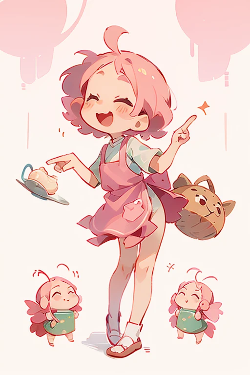 , cute, Guangdong morning tea, shrimp dumplings, shrimp, wearing apron, light pink hair, standing, hands open, one finger pointing upwards, IP, blind box, laughing happily, with a three head body ratio, front, back, side view