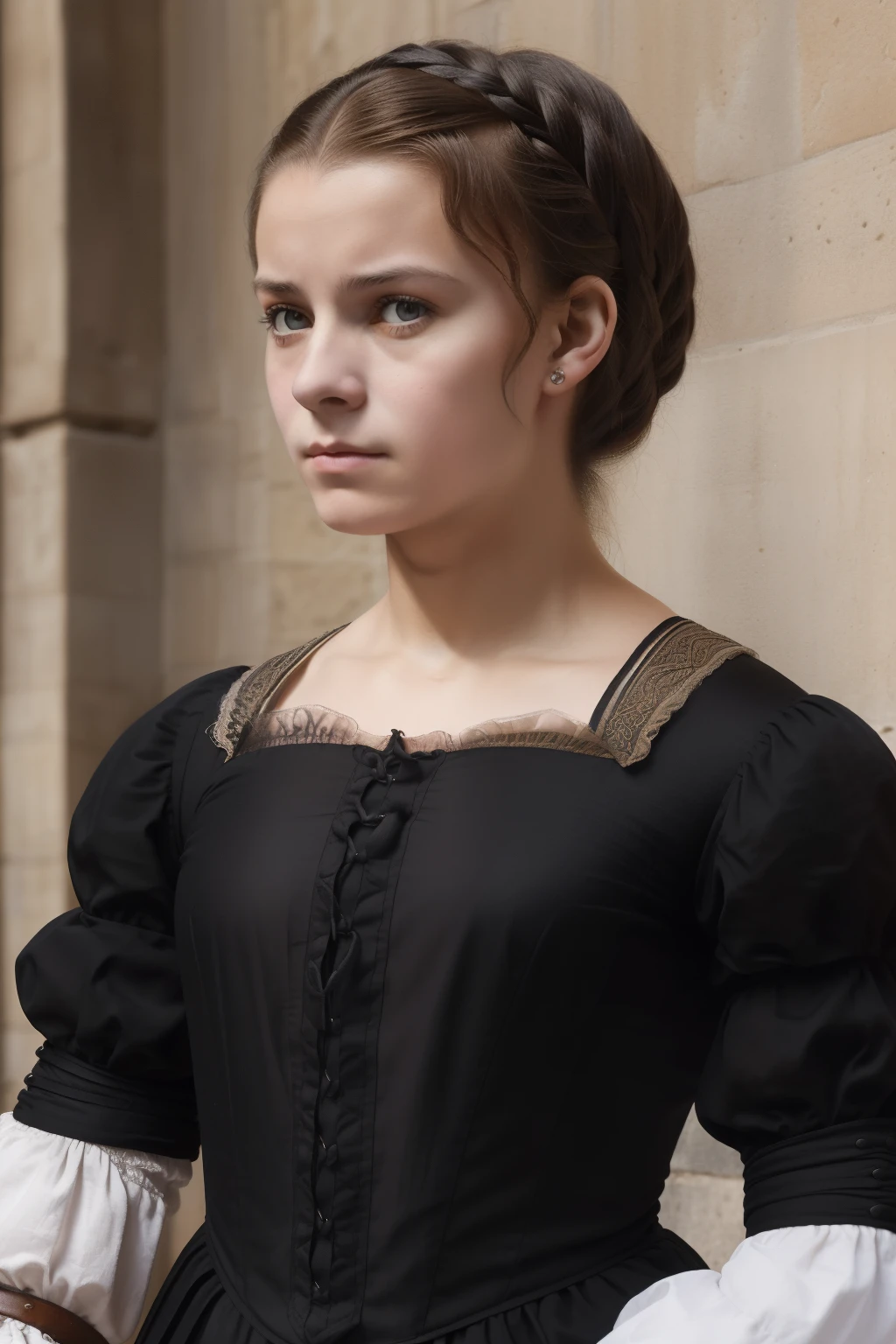 Paris, 1559. A young ((((18-year-old)) Sylvie Palot)), courageous, resilient, determined, outdoors, (((scared and angry expression))), ((((simple clothings from the 1550s)))), ((black hairstyle of the 1550s)), colorful, realistic