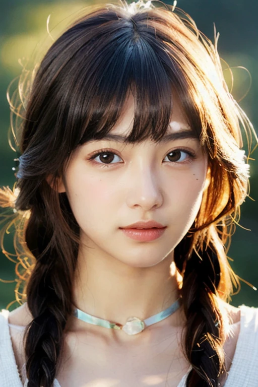 Realistic:1.3), Rembrandt Lighting, (masterpiece:1.2), (photoRealistic:1.2), (highest quality), (Detailed skin:1.3), (Intricate details), Ray Tracing,One girl, In detail,real, One Girl, Very beautiful face and eyes,Long Hair, 顔front, (Intricate details), dramatic, Ray Tracing, 顔front, Braid, Scattered beneath the surface, front, bangs, Hair between the eyes, One girl, Cute Japanese Girl,Detailed skin texture, Bare skin above the collarbone, masterpiece, highest quality, High resolution, View your viewers,