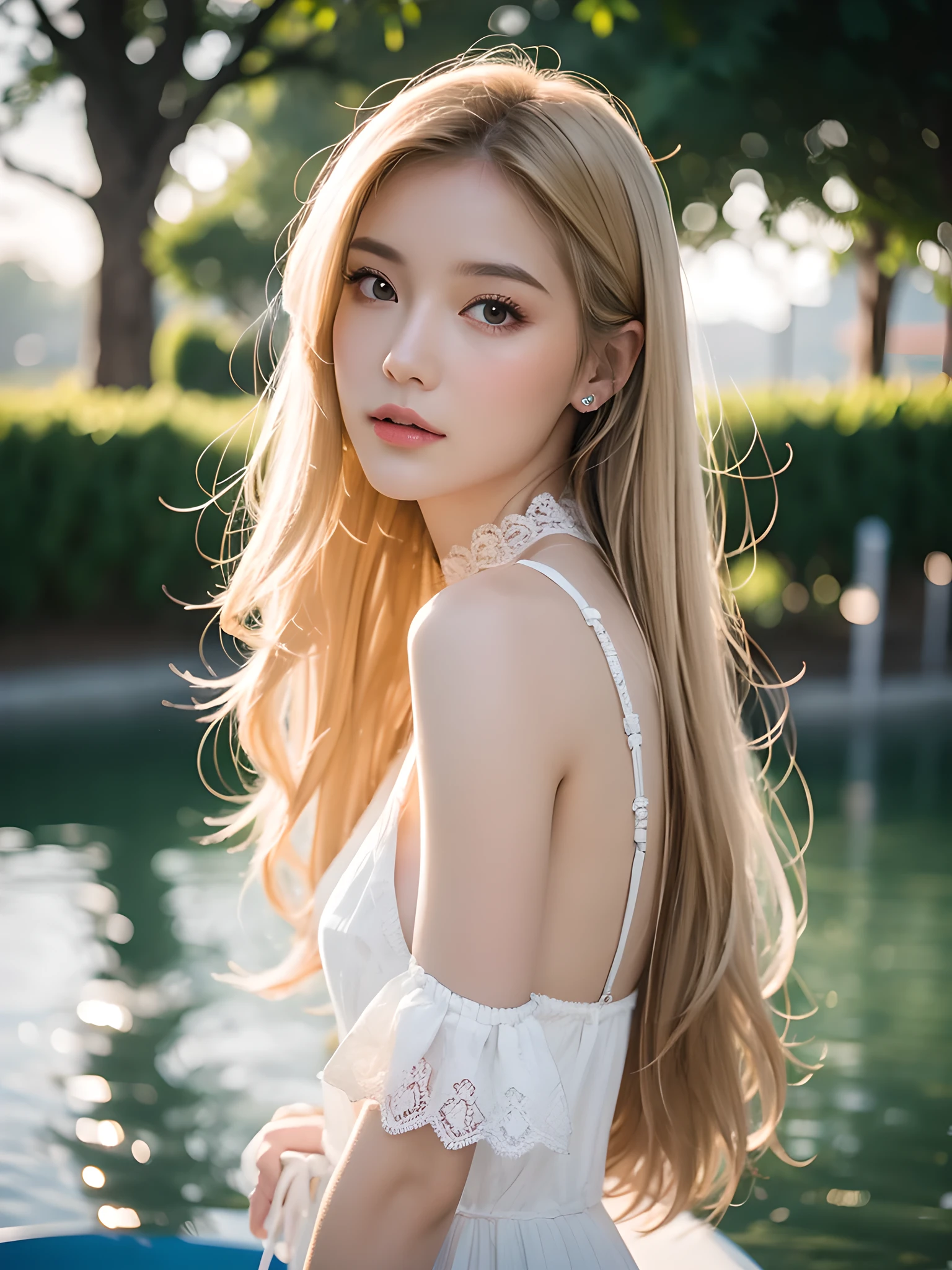 best qualtiy, masterpiece, (realistic:1.6), raw photograph, 1girl, portrait, white lace trim dress, view from side, deep shading, low tune, soft light, looking to the front, sexy pose, long blonde hair, outdoor,water park background, evening time, rim light,