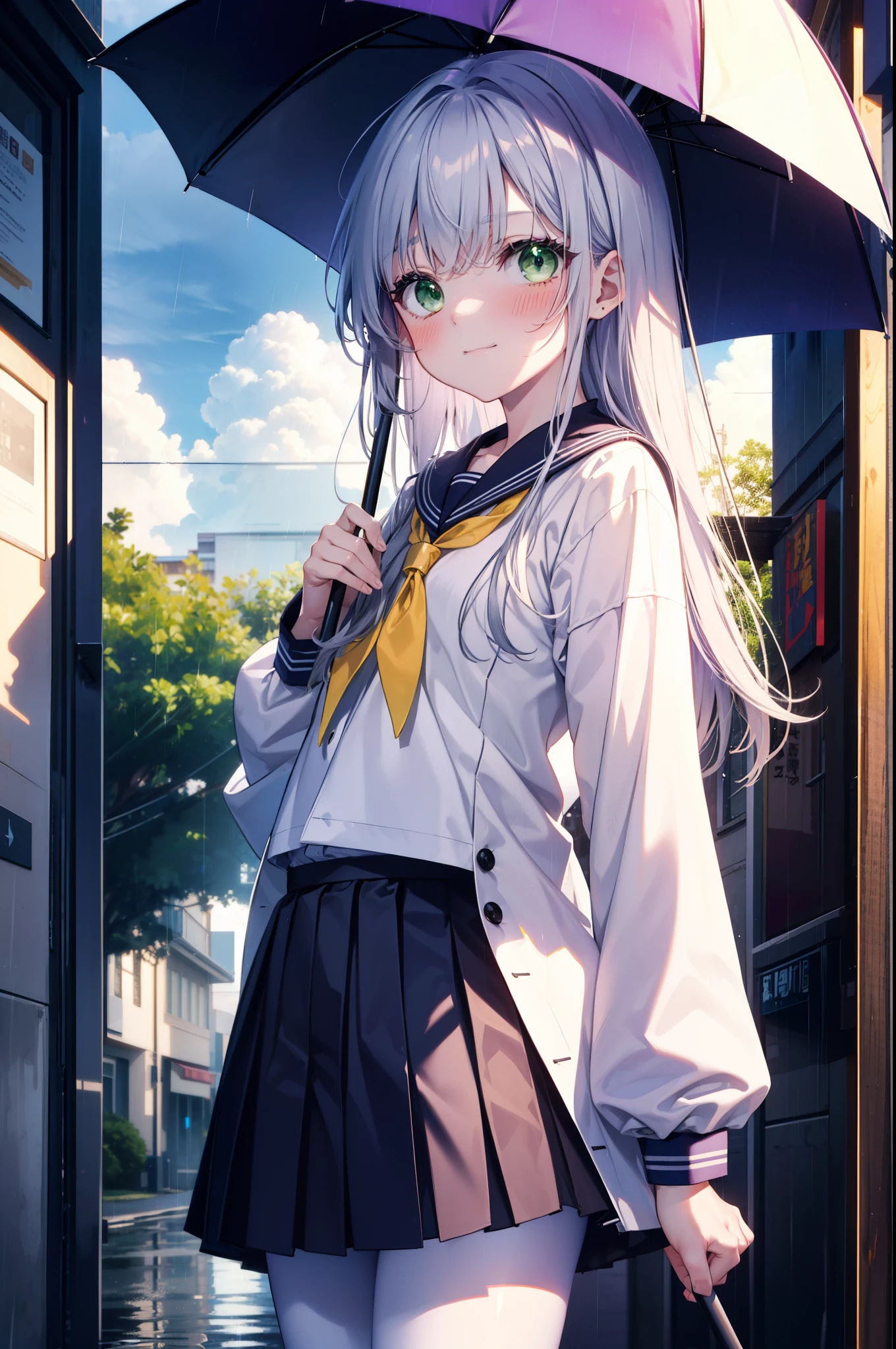 index, index, (Green Eyes:1.5), Silver Hair, Long Hair, (Flat Chest:1.2),smile,blush,Embarrassing,Upper Eyes, uniform(Purple sailor suit),Purple pleated skirt,White pantyhose,Brown Loafers,rain,cloudy,She has a transparent umbrella,屋根が建物でrain宿り,rain宿り,Puddle,evening,cloudy空,
break looking at viewer, Upper Body, whole body,(Cowboy Shot:1. 5)
break otdoors,In town,Building district,
break (masterpiece:1.2), highest quality, High resolution, unity 8k wallpaper, (figure:0.8), (Beautiful fine details:1.6), Highly detailed face, Perfect lighting, Highly detailed CG, (Perfect hands, Perfect Anatomy),