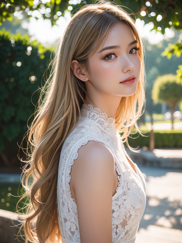best qualtiy, masterpiece, (realistic:1.6), raw photograph, 1girl, portrait, white lace trim dress, view from side, deep shading, low tune, soft light, looking to the front, sexy pose, long blonde hair, outdoor,water park background, evening time, rim light,