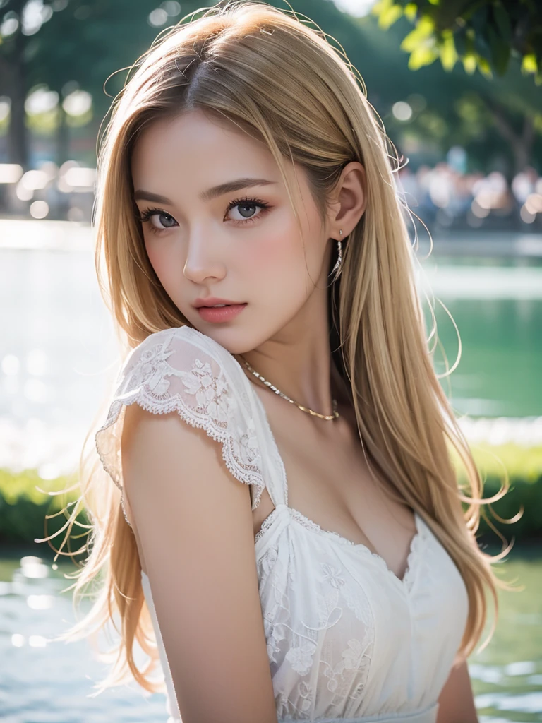 best qualtiy, masterpiece, (realistic:1.6), raw photograph, 1girl, portrait, white lace trim dress, view from side, deep shading, low tune, soft light, looking to the front, sexy pose, long blonde hair, outdoor,water park background, evening time, rim light,