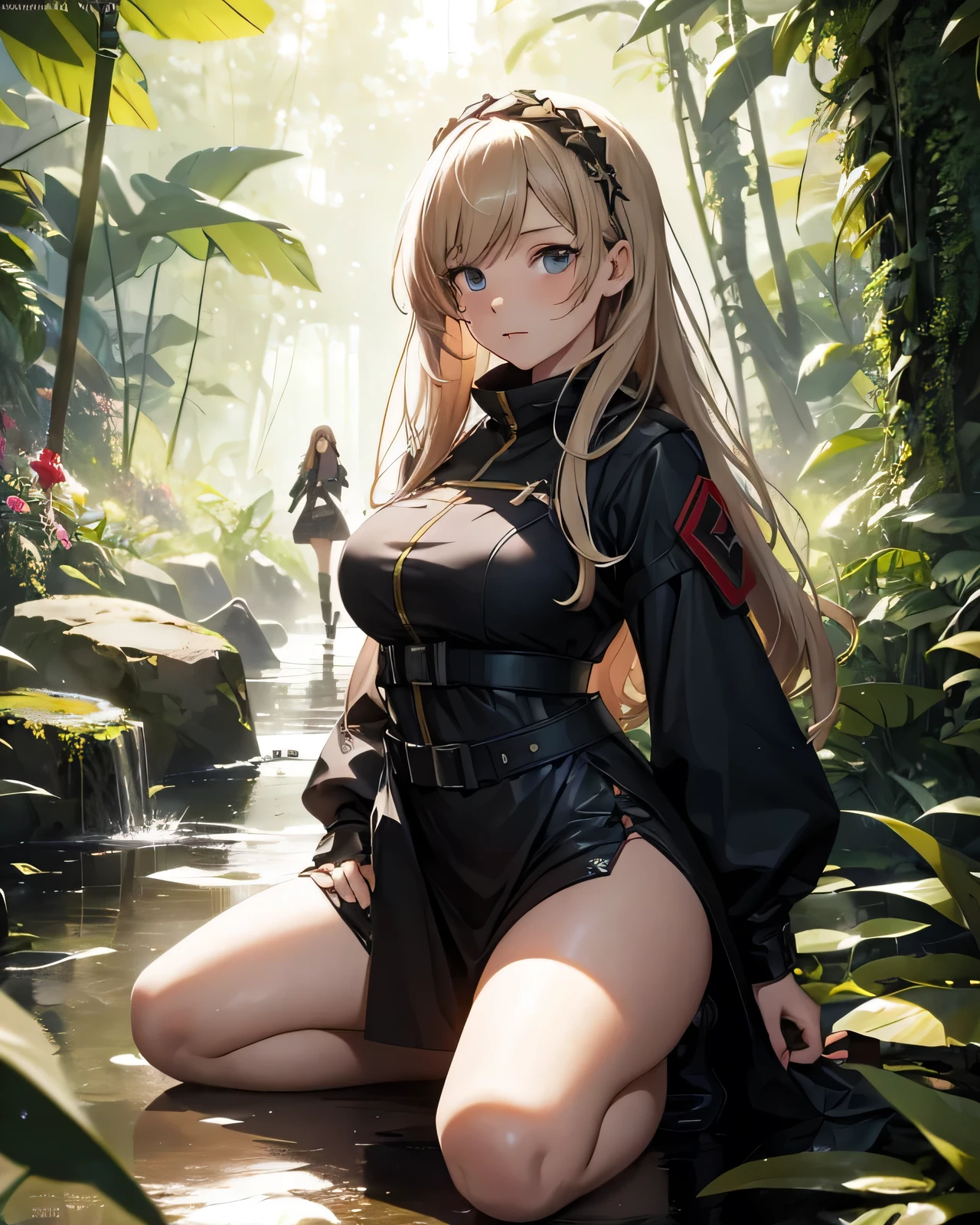 This is a landscape,There is a large waterfall and several smaller waterfalls in a vast secret base,Two girls are bathing in a puddle,Ukrainian girl bathing in a waterfall , Background is the deck of an aircraft carrier and a fighter,Ukrainian anime girls , , Ukraine , Full body composition of young girl with messy bright blonde hair, eye make up, 13 year old, Soft lighting, Solo, Old torn dirty shabby futuristic military uniform, badges, Pose,Don't look at the camera, Blotch color, Octane Render, Hyperrealistic intricate detail, Cinematic, 8K resolution, 70mm, Accent Lighting, Global Illumination, Full body portrait, clean detailed faces, intricate clothing, Cute face, flat chest, Slim waist, Slim legs, small hips,fullnude