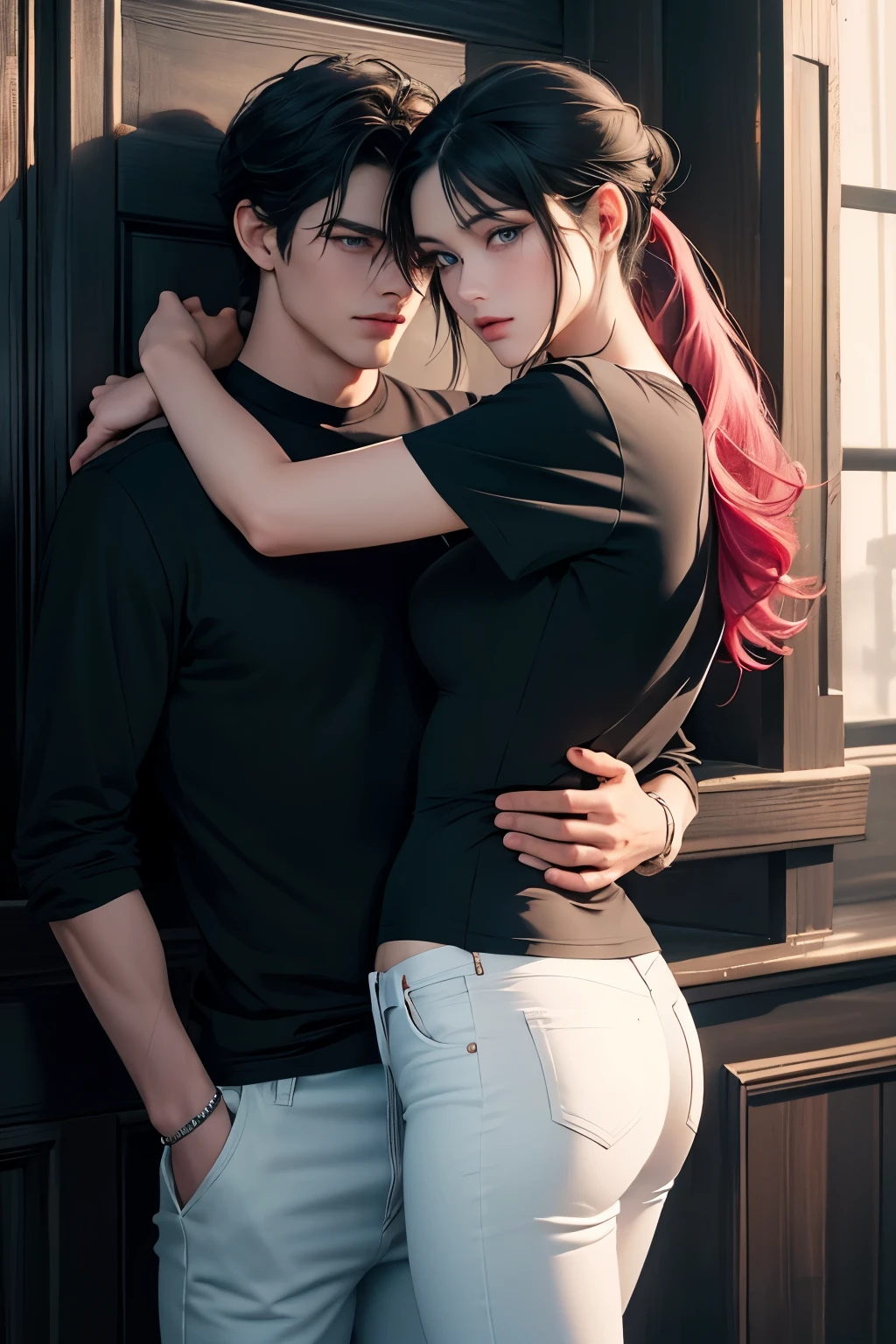 A tall handsome young man with black hair, with long black hair gathered in a tight ponytail, short bangs, blue eyes, he is wearing a white T-shirt and white jeans, he hugs an incredibly beautiful tall fateful young pink hair woman with a very long wavy haircut standing next to him, she has dark blue eyes, She is wearing a simple black dress. Masterpiece, perfect image, realistic pictures, detailed face study, full-length image, 8k, detailed image. an extremely detailed illustration, a real masterpiece of the highest quality, with careful drawing.